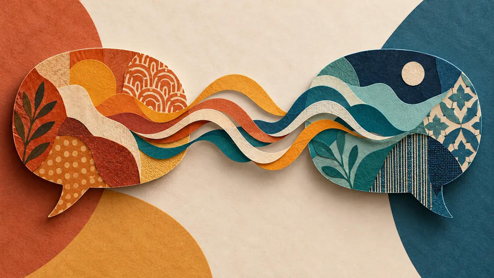 Two colorful speech forms connected by flowing sound waves