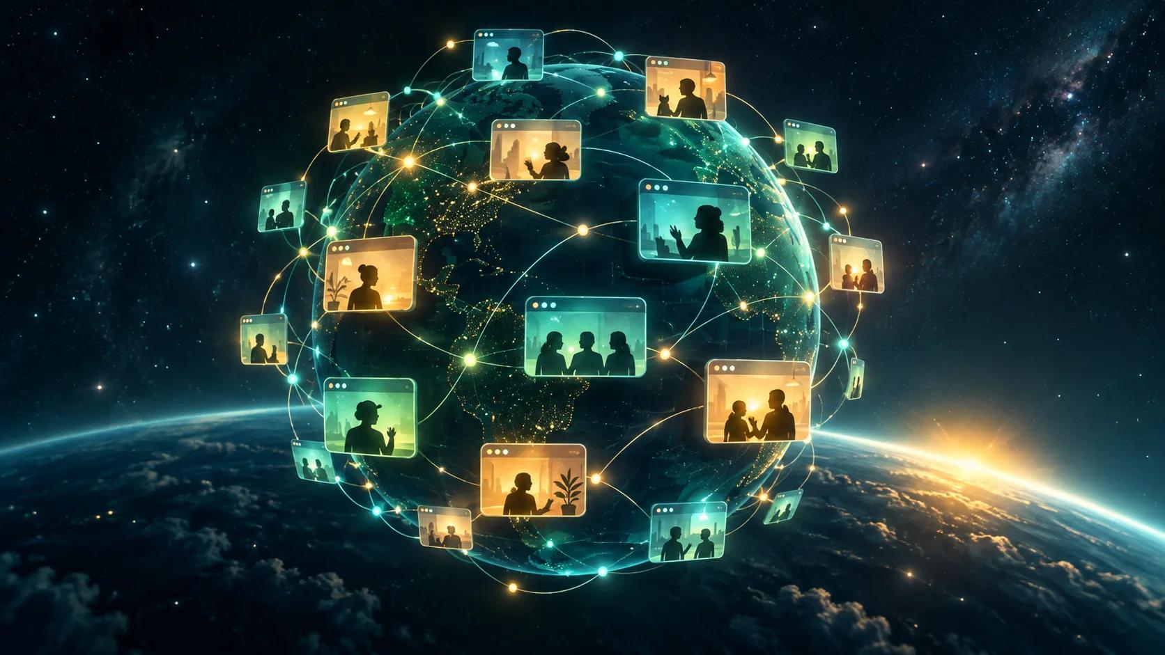 Connected conversation windows forming a glowing globe