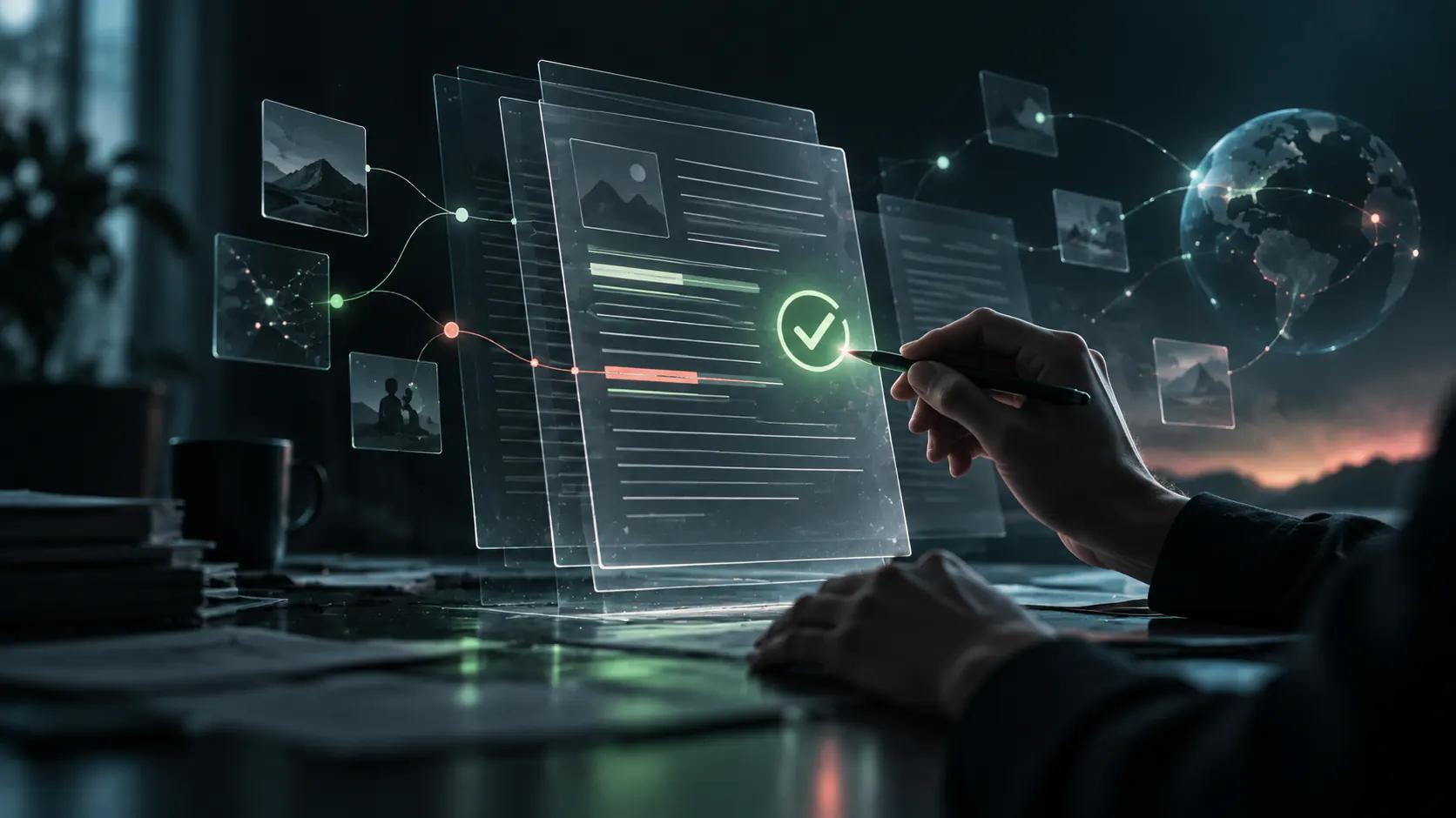 A human reviewer checking evidence across connected editorial documents