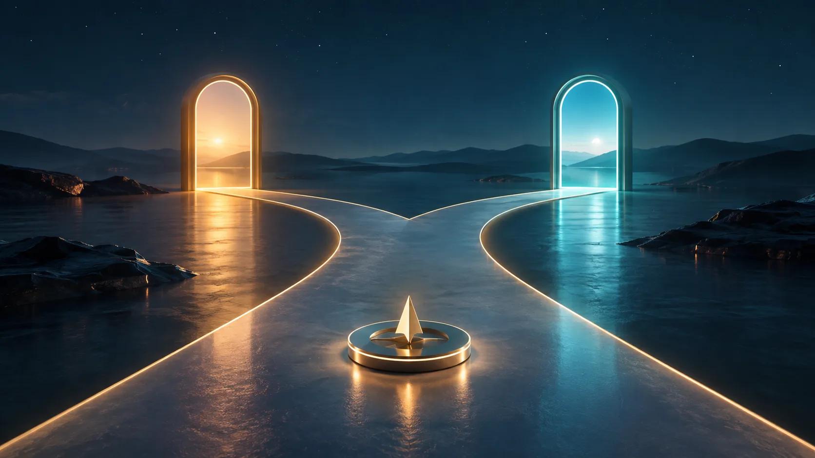 A clear path leading toward two softly glowing conversation doorways