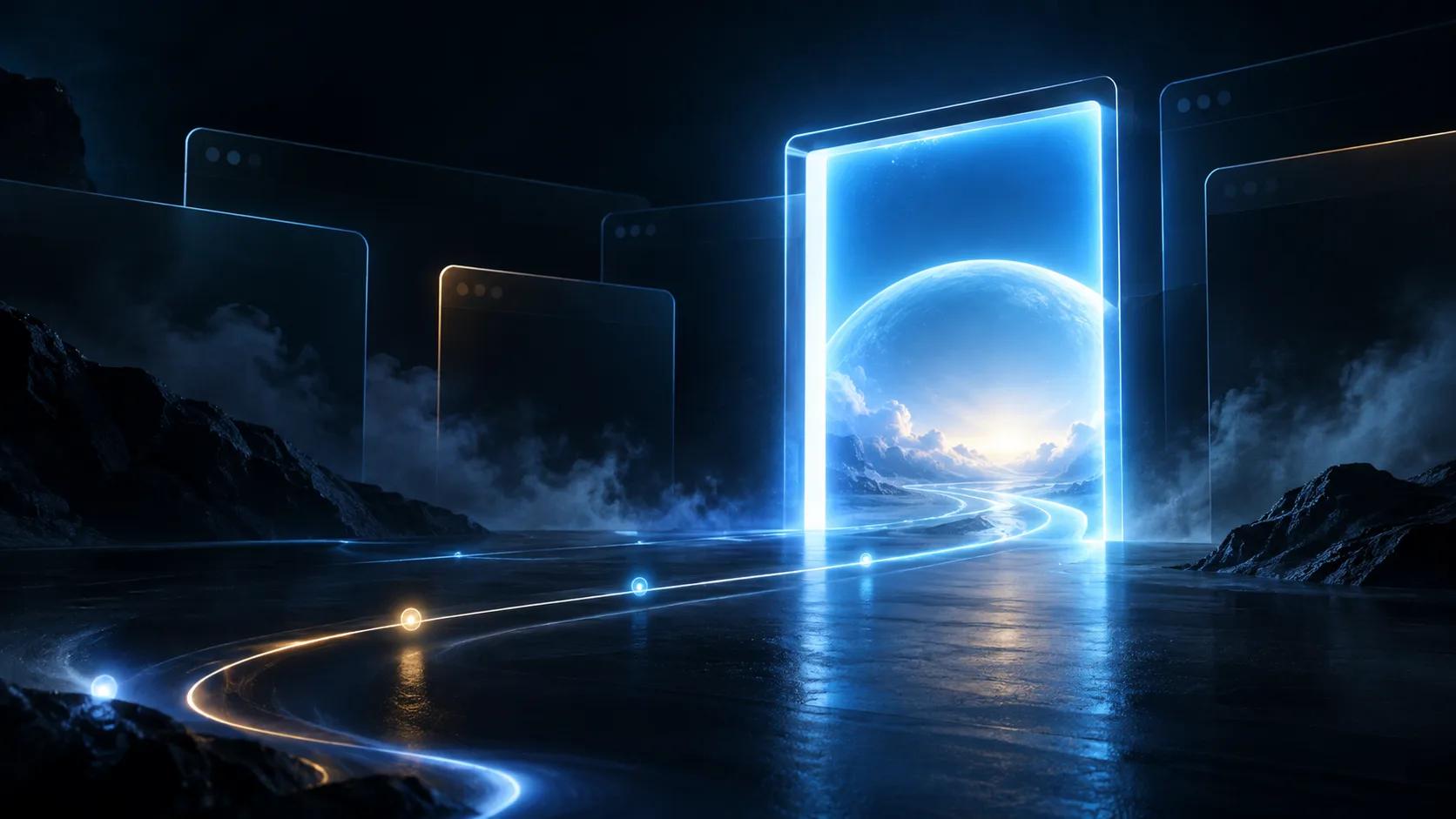 A glowing digital doorway suggesting a possible return