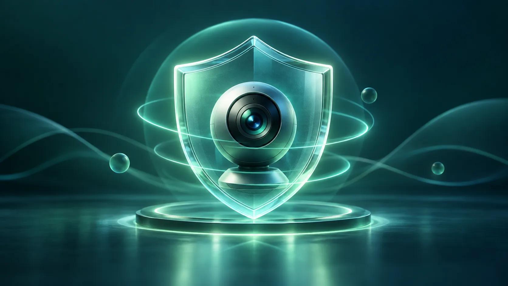 A webcam lens protected by a glowing glass shield