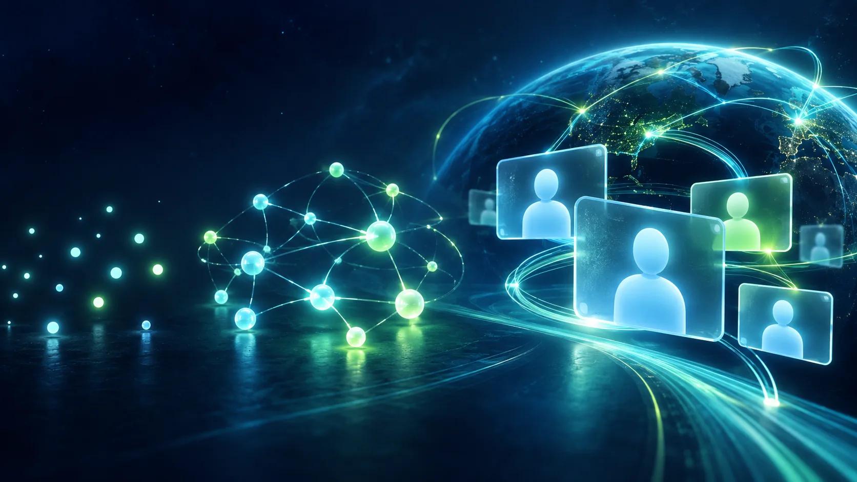A visual progression from simple connection nodes to modern chat windows