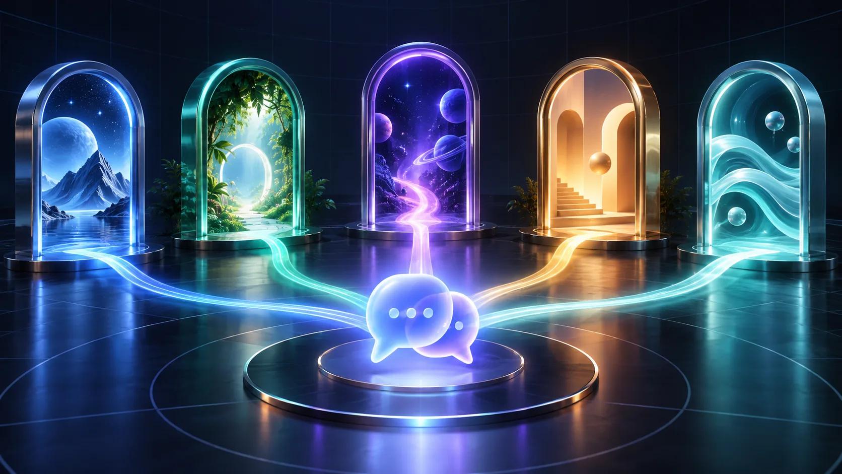 Five distinct glowing gateways converging toward a shared chat connection