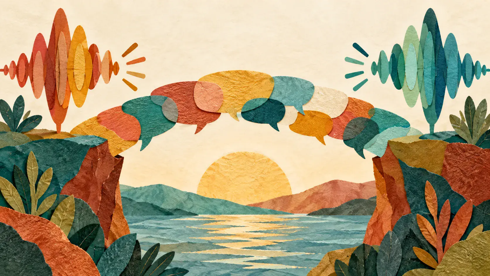 Colorful sound waves and speech forms meeting across a bridge