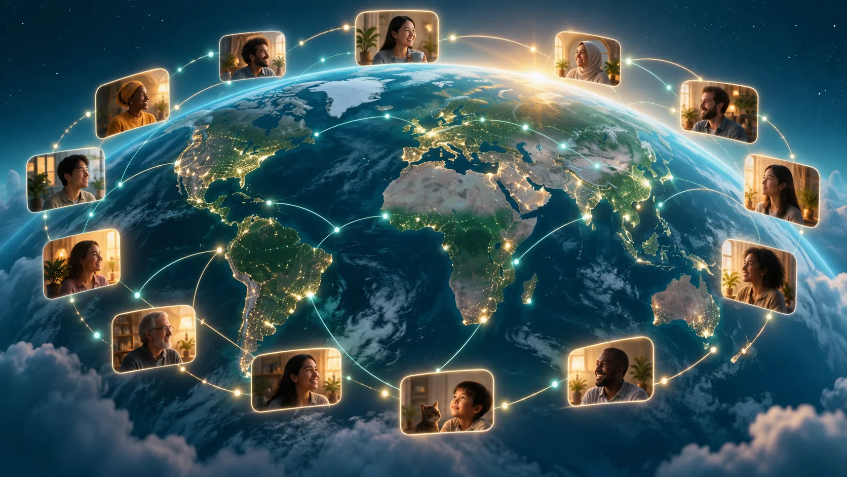 Conversation windows connected across a glowing globe