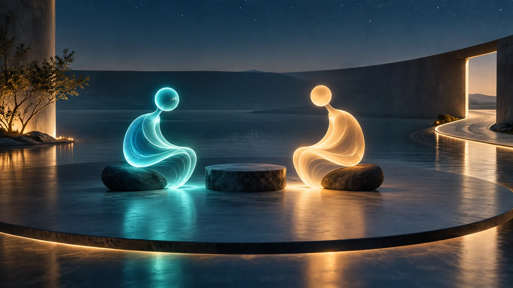 Two abstract dialogue forms meeting in an open space with a visible exit path
