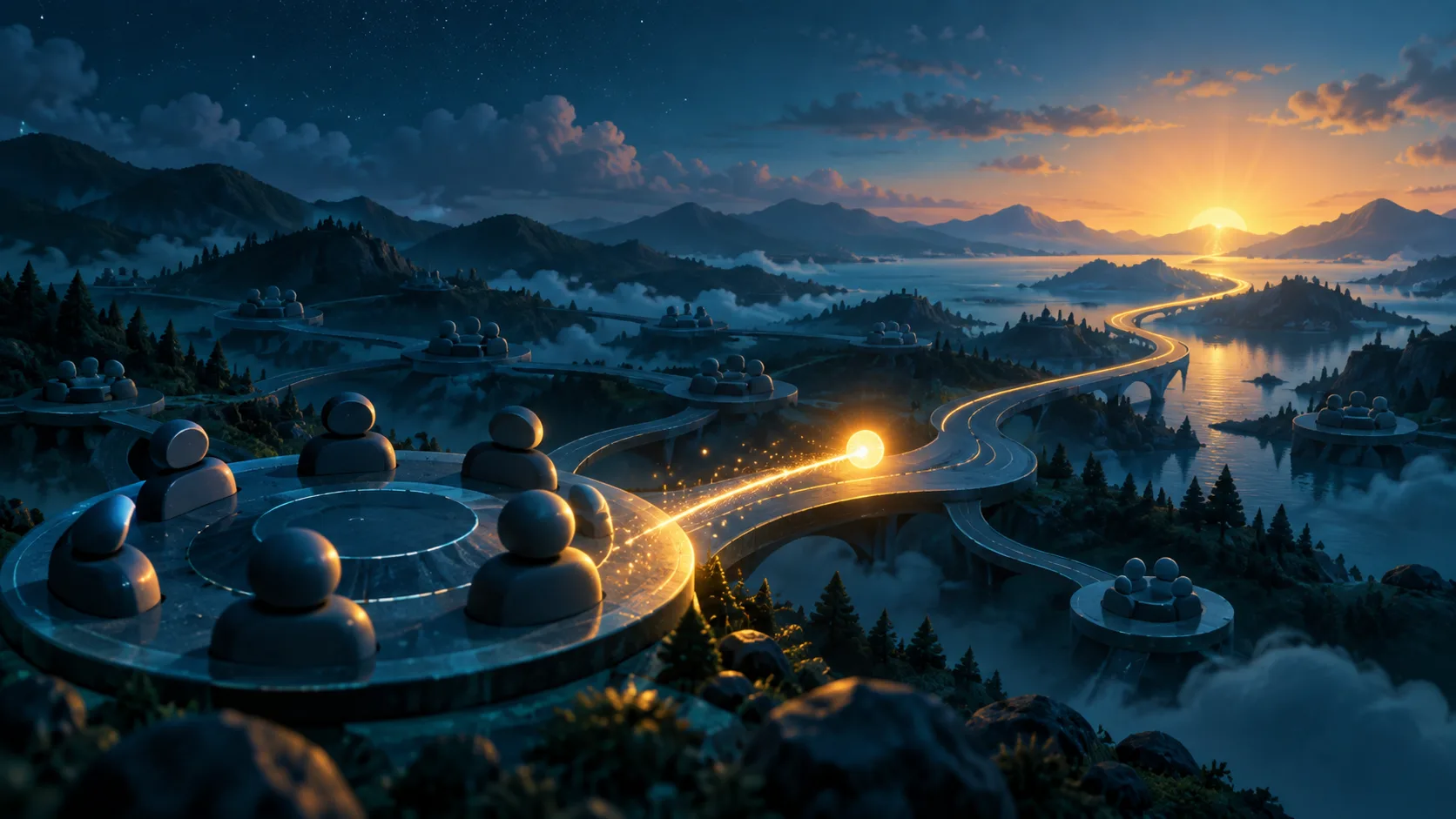 A glowing digital pathway leading toward a new horizon