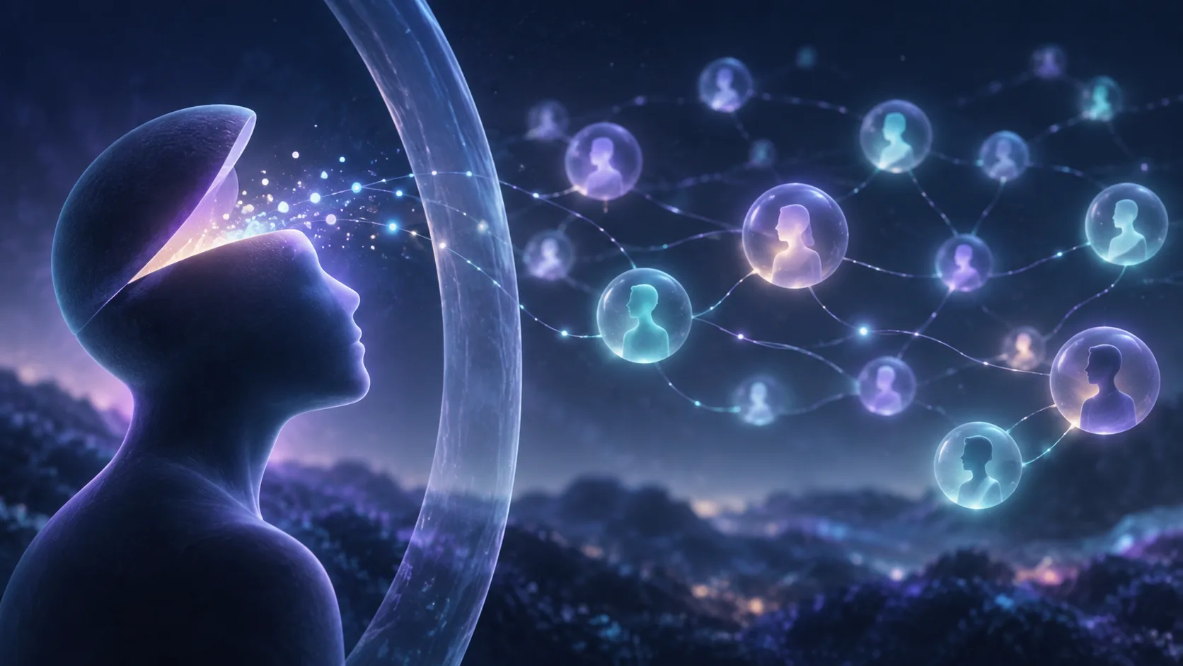 A translucent mind opening into a network of gentle conversation lights