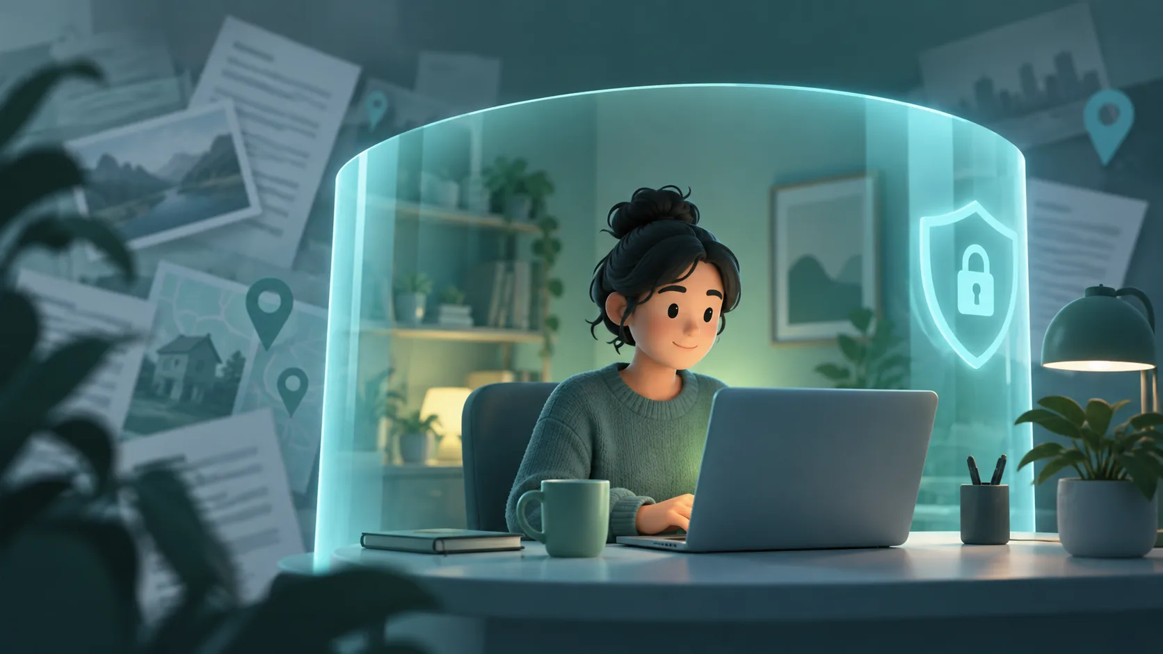 A protected webcam scene with personal details kept behind a privacy screen
