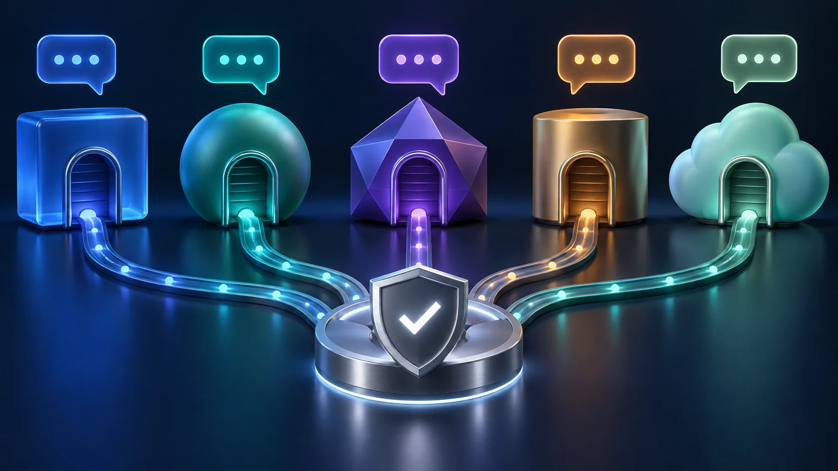 Five distinct chat gateways connected to a shared safety checkpoint